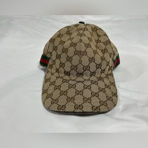 Gucci Beige & Brown GG Monogram Baseball Cap with Green-Red Web